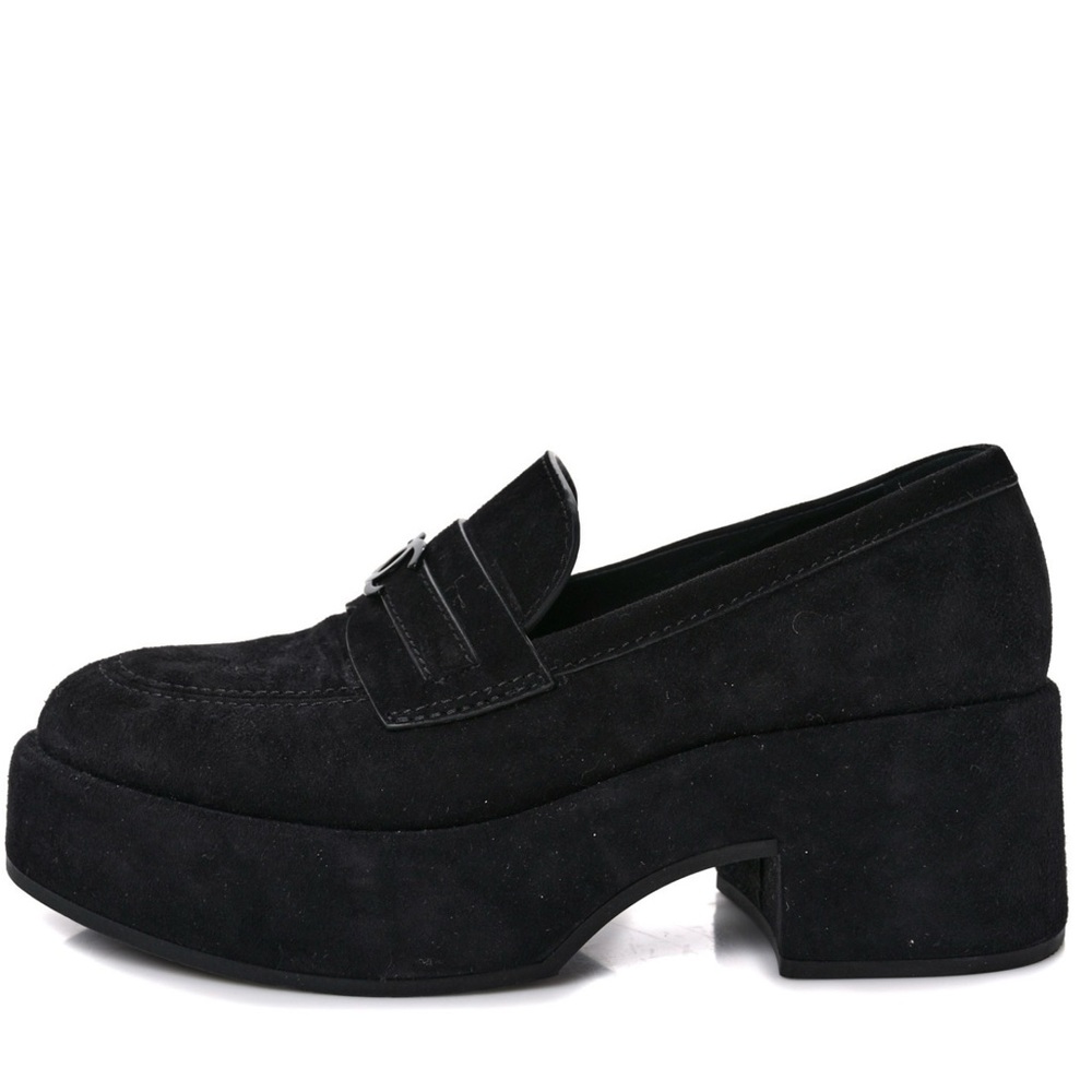 CHANEL Black Suede CC platform loafer size 38